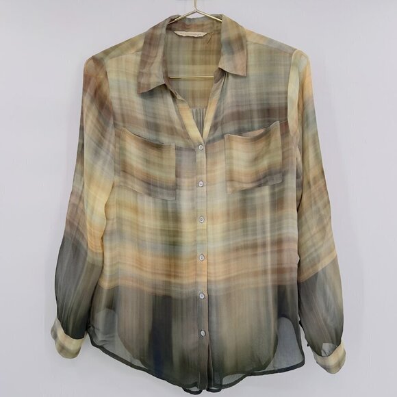 Soft Surroundings Roll Tab Long Sleeves Sheer Plaid FRont Button Shirt PS - Picture 3 of 8